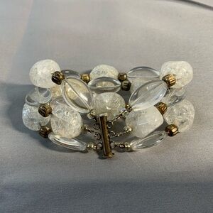 Clear Crystal Glass Bead Bracelet Wide Triple Row Chunky Beads 7”